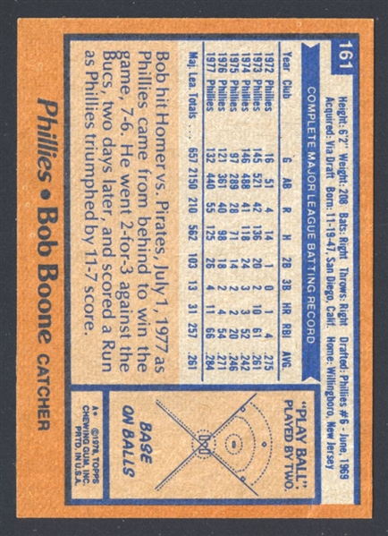 1978 Topps #161 BOB BOONE Card SIGNED AUTOGRAPHEDPhiladelphia Phillies