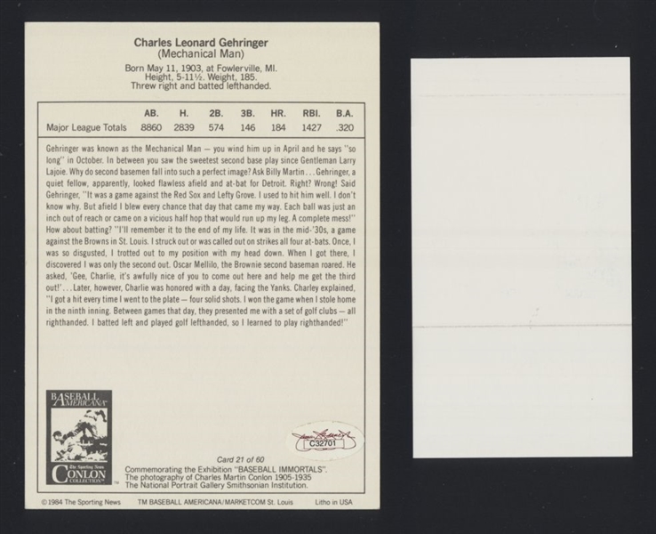 CHARLIE GEHRINGER (d.1993) SIGNED Conlon Collection Card JSA Auth Tigers HOF