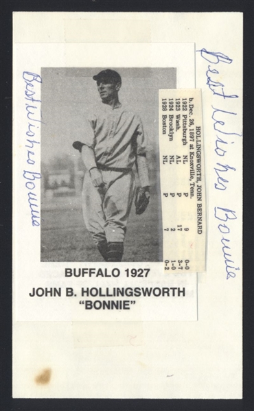 BONNIE HOLLINGSWORTH SIGNED 3x5 Index Card (d.1990) Pirates 1927 Buffalo Bisons