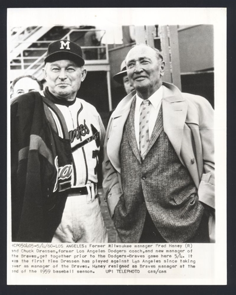 Lot of (2) 1953-60 CHUCK DRESSEN, FRED HANEY & EDDIE STANKY Original News Photos