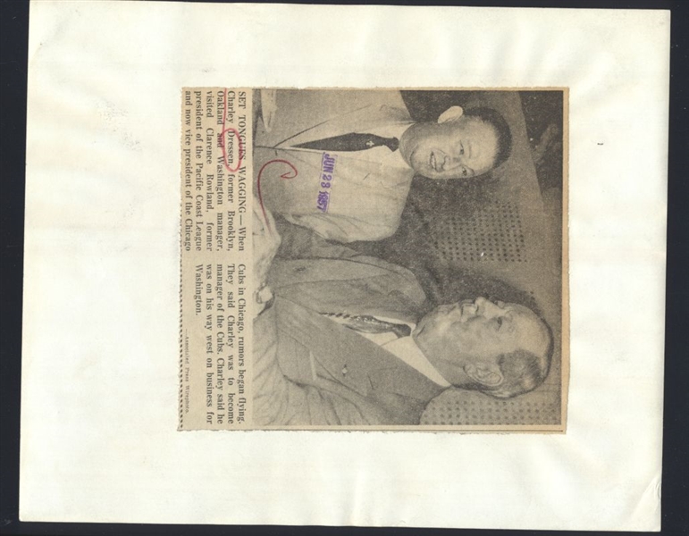 Lot of (2) 1957 CHUCK DRESSEN, PANTS ROWLAND & WALTER ALSTON News Wire Photos