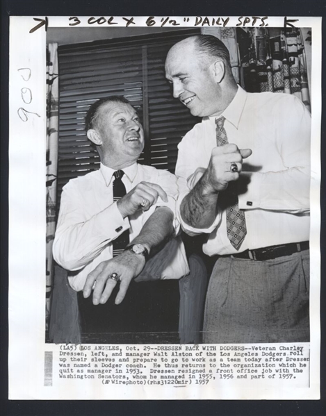 Lot of (2) 1957 CHUCK DRESSEN, PANTS ROWLAND & WALTER ALSTON News Wire Photos