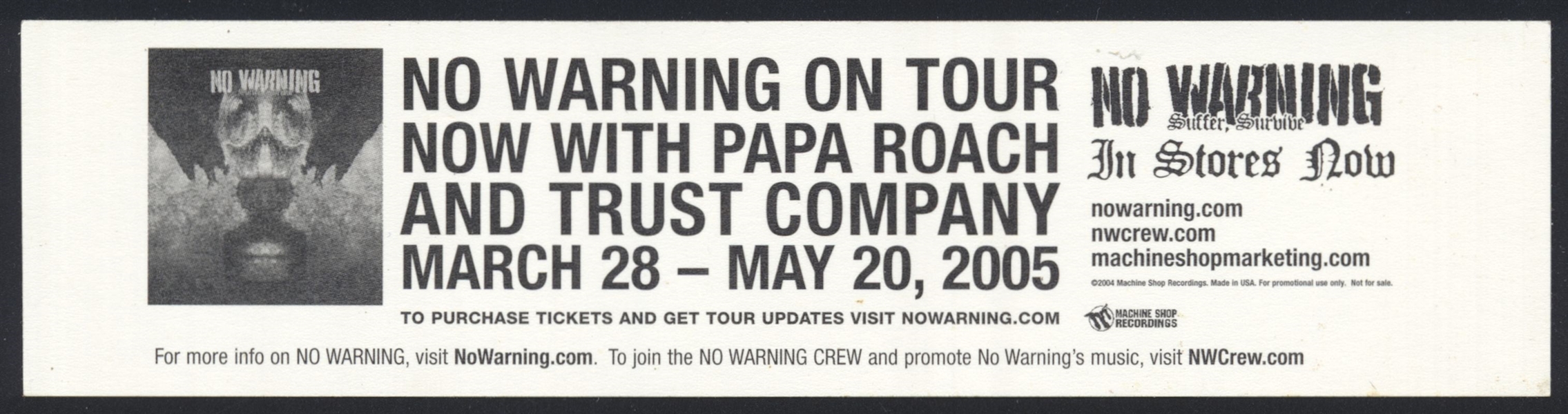 NO WARNING Suffer, Survive Original Promo Sticker CANADIAN PUNK BAND