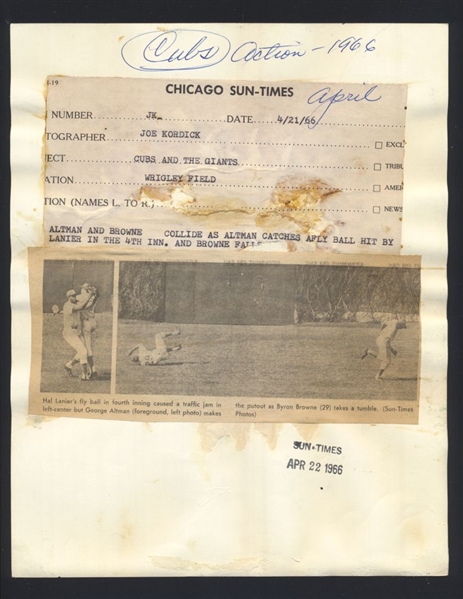 Lot of (2) 1966 Cubs GEORGE ALTMAN & BYRON BROWNE Collision Original News Photos
