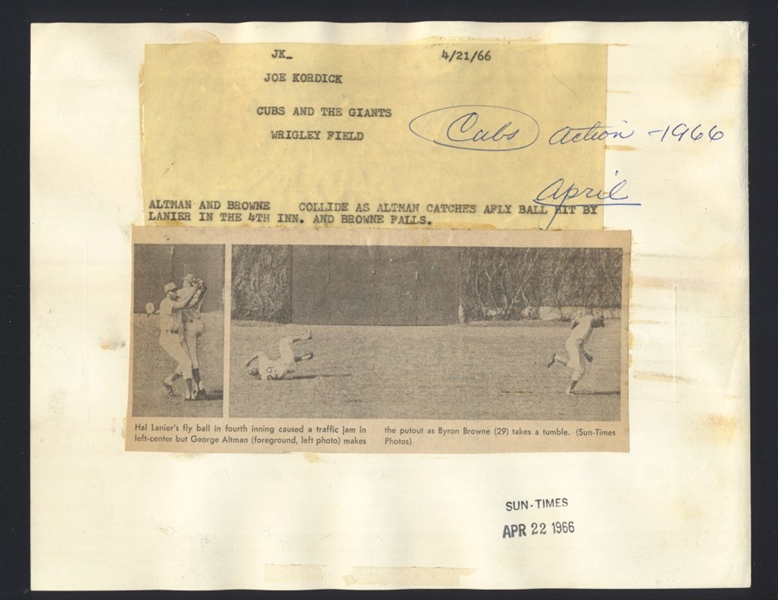 Lot of (2) 1966 Cubs GEORGE ALTMAN & BYRON BROWNE Collision Original News Photos