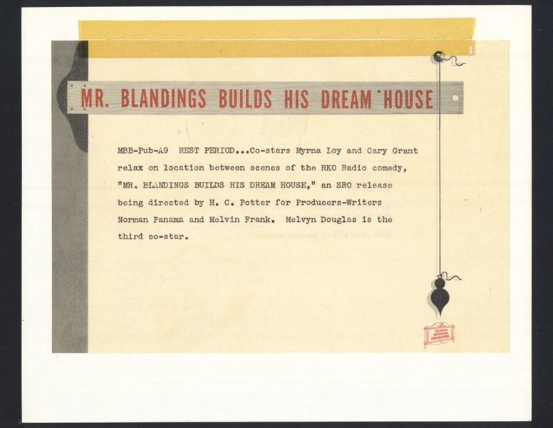1948 MYRNA LOY & CARY GRANT MR. BLANDINGS BUILDS HIS DREAM HOUSE Original Photo